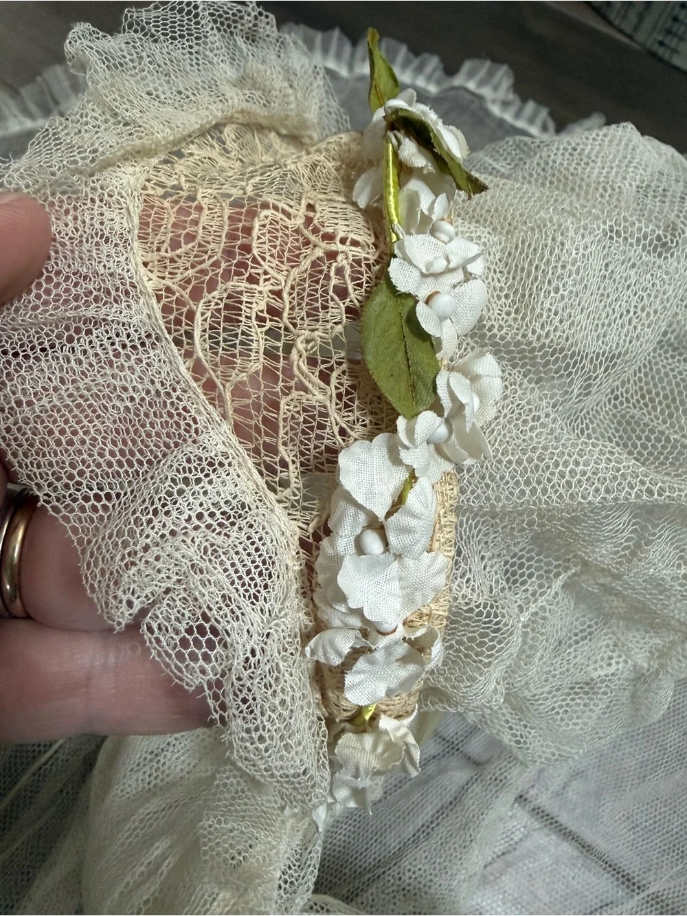 Vintage 1920s Juliet Cap Veil with Silk Floral Accents & Lace Netting